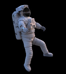 astronaut performing a spacewalk, isolated on black background