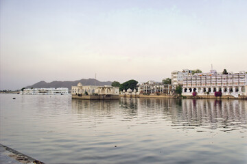 Royal palace built in Lake Pichola located in Udaipur city of Rajasthan state in India