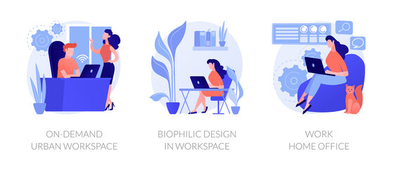 Fototapeta premium Workplace organization abstract concept vector illustration set. On-demand urban workspace, biophilic design, work home office, coworking, client meeting room, distance work abstract metaphor.