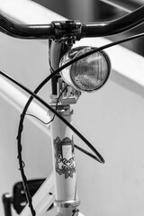  close up of bicycle in details, black and white photo