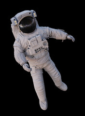 astronaut flying in outer space, isolated on black background 