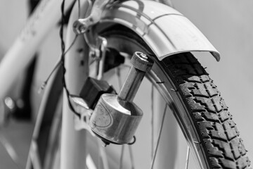  close up of bicycle in details, black and white photo