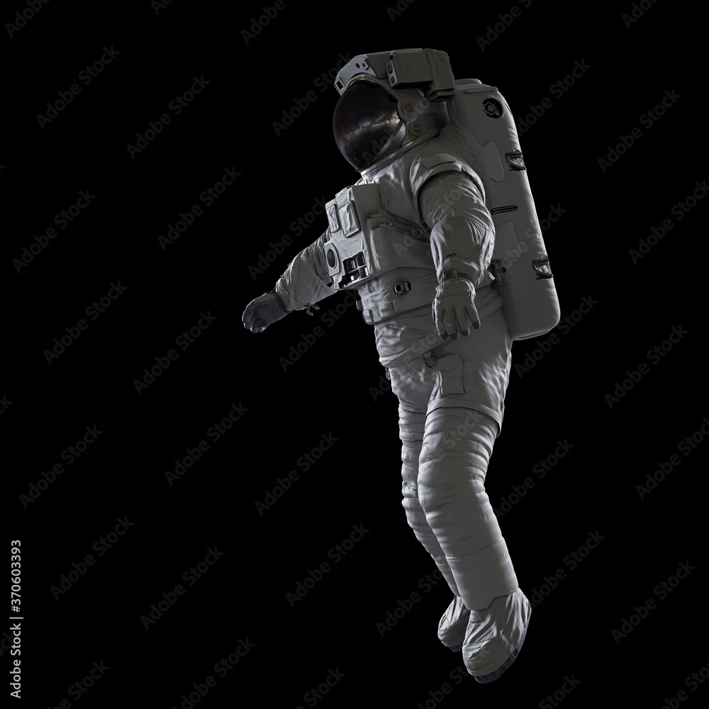Poster astronaut flying in outer space, isolated on black background
