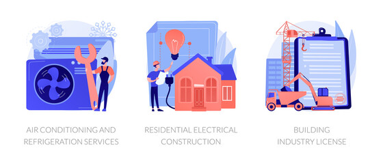Builder contractor services abstract concept vector illustration set. Air conditioning and refrigeration services, residential electrical construction, building industry license abstract metaphor.