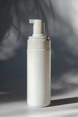 Cosmetic white pump bottle mockup. Dispenser spray with gel for intimate hygiene, shower gel, shampoo. Blank template for your design, beauty product packaging. Minimalist style.