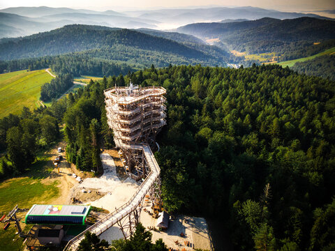 Slotwiny Arena Lookout Tower. Wooden Observation Tower in Lesser Poland.Drone View.