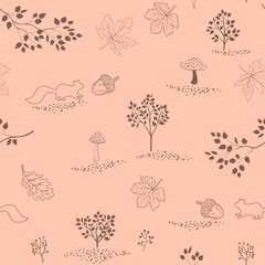 Hand drawn autumn seamless pattern with maple leaves,squirrels,acorns and mushrooms for decorative,apparel,textile,print or wallpaper