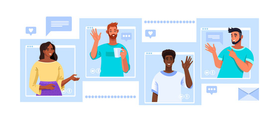 Virtual meeting illustration with different looking multiethnic people saying hello. Online conference banner with young men and women freelancers. Virtual meeting vector concept in flat style © Oleksandra