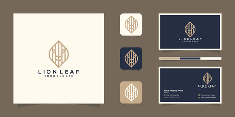 lion leaf logo line art style, flat style, nature animal symbol, environmental icon, king of the jungle icon vector, modern design concept