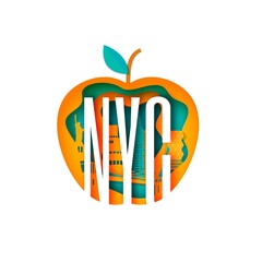 New York landscape in apple form frame in paper cut style. Cut out silhouette skyscraper, Statue of Liberty, business center from cardboard. Vector 3D illustration of NYC papercut panorama