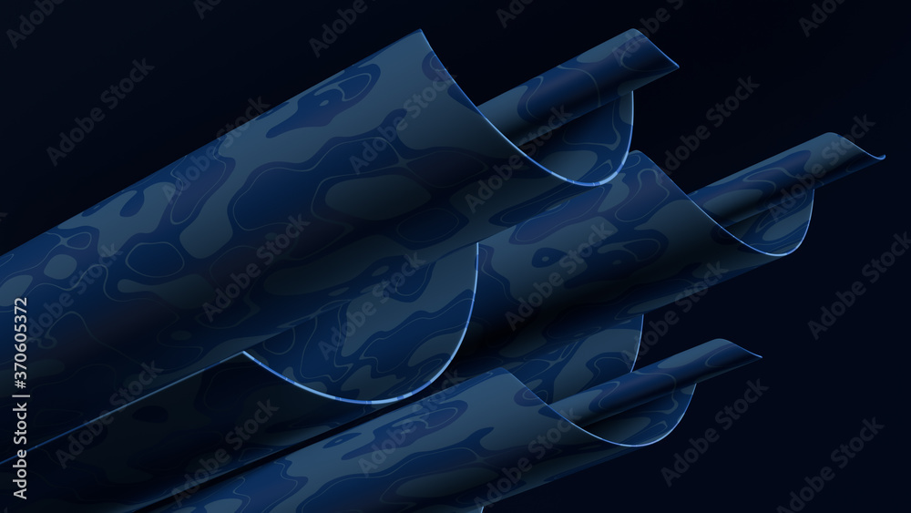 Poster 3d abstract render with twisted geometry. blue color curve shape with texture.