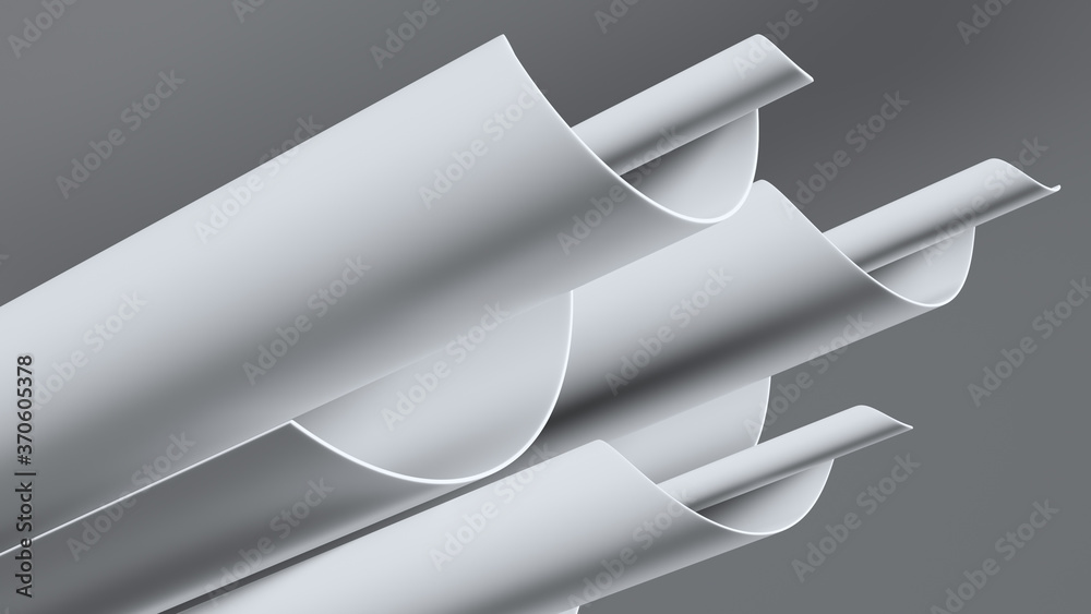 Poster 3d abstract render with twisted geometry. white monocrome colored curve shape with texture.
