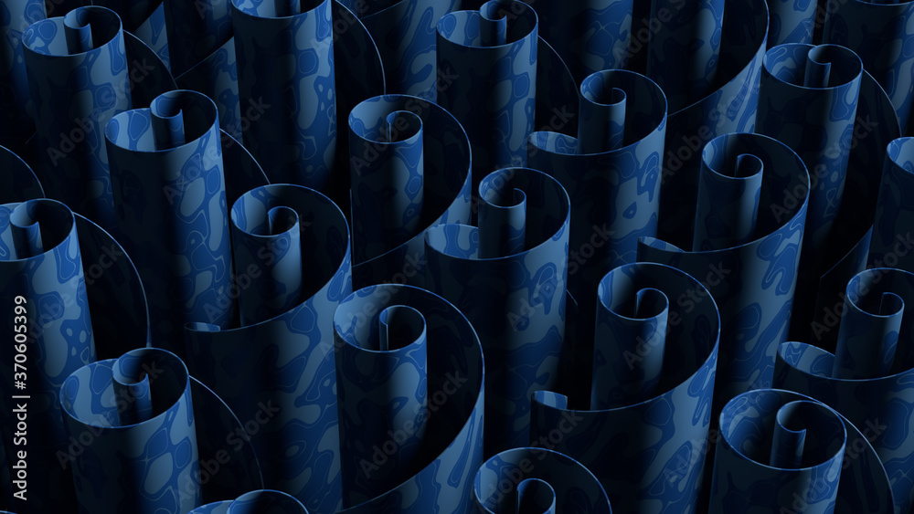 Poster 3d abstract render with twisted geometry. blue color curve shape with texture.