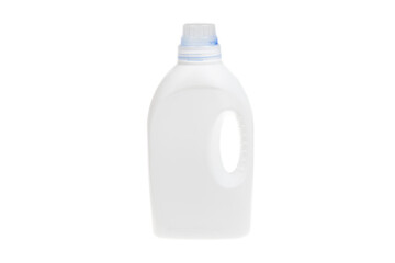 White plastic bottle for liquid laundry detergent, liquid softener, cleaning agent, bleach or fabric softener, isolated on white