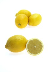 Yellow Lemon, citrus limonum, Fruits against White Background