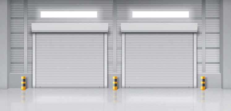 Warehouse interior with closed gates. Vector realistic illustration of empty storage room in store, factory or workshop with rolling shutter on doors. Commercial garage with roller up blinds