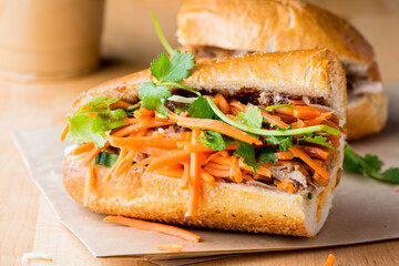 Bánh mì or banh mi, Vietnamese word for bread. Traditional classic Vietnamese cuisine. Baguette with pate, pulled pork, jalapenos, cilantro, carrots cucumbers and spicy sauce.