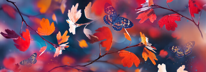 Bright  autumn summer natural background. Red and yellow leaves  and butterflies in flight in...