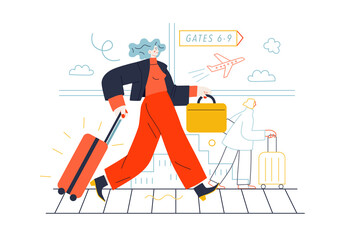 Business topics - business trip. Flat style modern outlined vector concept illustration. A young woman with a suitcase walking by the moving walkway in the airport. Business metaphor. © grivina