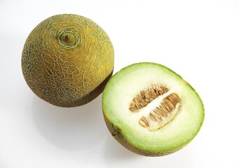 Italian Melon, cucumis melo, Fruits against White Background