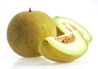Italian Melon, cucumis melo, Fruits against White Background
