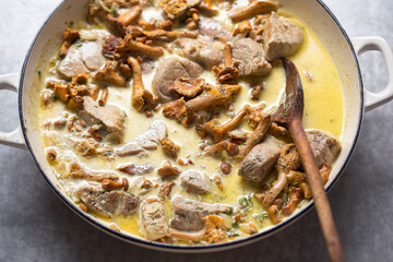 Pork tenderloin with chanterelle white wine cream sauce 
