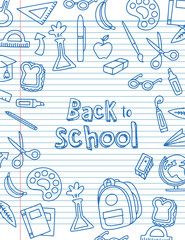 Back to school vector banner design with blue funny school characters and educational items. Vector illustration