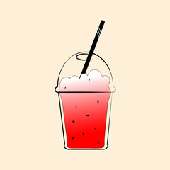 Smoothie outline colored icon, beverage outdoor glass symbol. Watermelon fruit shake.