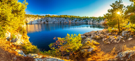 Panoramic view of The Zmajevo oko, Dragon's Eye lake at sunset. The Rogoznica village, a popular tourist destination on the Dalmatian coast of Adriatic sea in Croatia, Europ