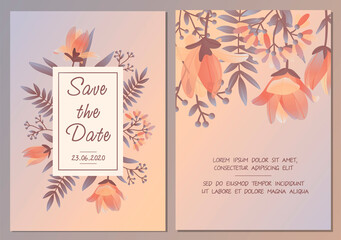 Save the Date wedding invitation card design with flowers in glowing muted colors and text, colored vector illustration