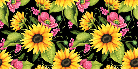 Floral seamless pattern with decorative sunflowers, poppies and leaves.