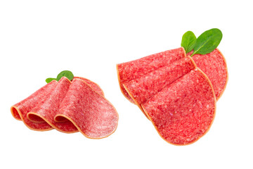 Salami slices isolated on white background.