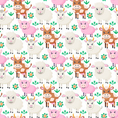 Farm animals seamless pattern. Collection of cartoon cute baby animals. goat, pig, sheep, cow. Flat vector illustration 