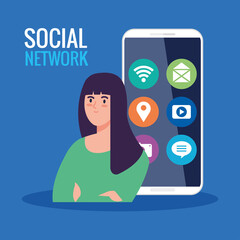social network, young woman with smartphone and social media icons vector illustration design