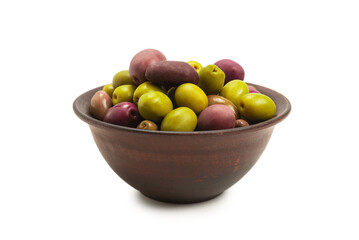 Olives in ceramic brown bowl isolated on white