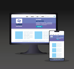 mockup responsive web, concept website development in desktop computer and smartphone vector illustration design