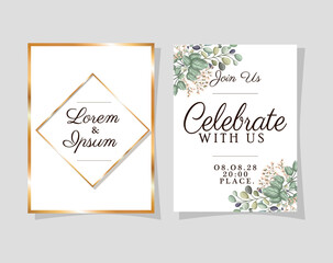 two wedding invitations with gold frames flowers and leaves on blue background design, Save the date and engagement theme Vector illustration