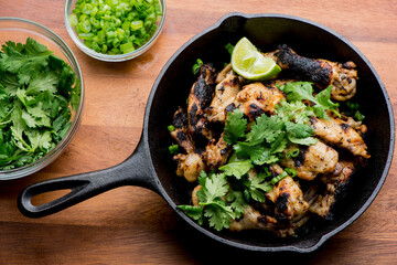 Grilled chicken. BBQ Chicken grilled in garlic and butter. Chicken, fried & served w/ bbq side dishes, organic vegetables and dressed in olive oil. Classic American outdoor grill entree favorite.
