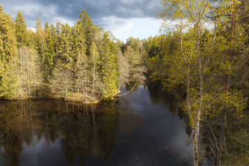 Fototapeta premium Reflections of the forest on a lake. Sunset time.