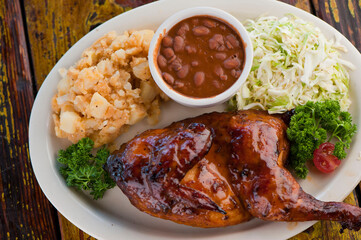 Brisket, pork sausage, pork ribs, beef ribs. Barbecue platter served with classic bbq sides Mac n cheese, cornbread, Brussels sprouts, coleslaw & beer. Classic traditional Texas meats & side dishes.