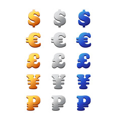 Banknotes vector icons. Finance sign. Money symbols. Flat isolated illustration. Bank payment symbol. Dollar, Euro, Ruble, Yen, Yuan, Pound symbol. Finance concept.