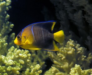 Blue Angelfish, holacanthus isabelita, Adult with Coral