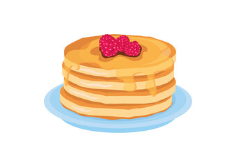 Pancakes with syrup and raspberries icon vector. Pile of pancakes on a plate vector. Delicious pancakes icon isolated on a white background