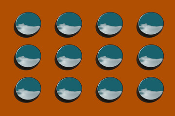 Patron elegante de espejos circulares de bolsillo con cielo reflejado de nubes blancas
