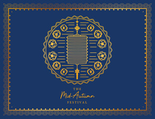 Obraz premium Mid autumn festival with lantern and seal in gold frame on blue background design, Oriental chinese and celebration theme Vector illustration