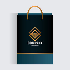 corporate identity brand mockup, paper bag black mockup with golden sign vector illustration design
