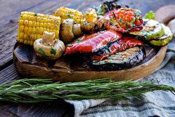 Grilled vegetables corn zucchini mushrooms bell pepper and eggplant