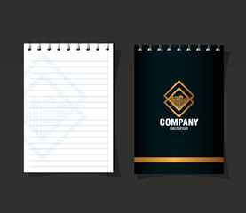corporate identity brand mockup, notebooks black, mockup with golden sign vector illustration design