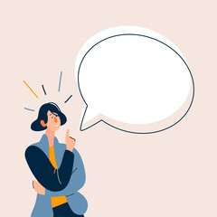 Woman talking and points her finger at bubble speech above her.  Flat cartoon  illustration.  - obrazy, fototapety, plakaty