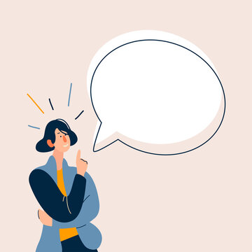 Woman talking and points her finger at bubble speech above her.  Flat cartoon  illustration. 